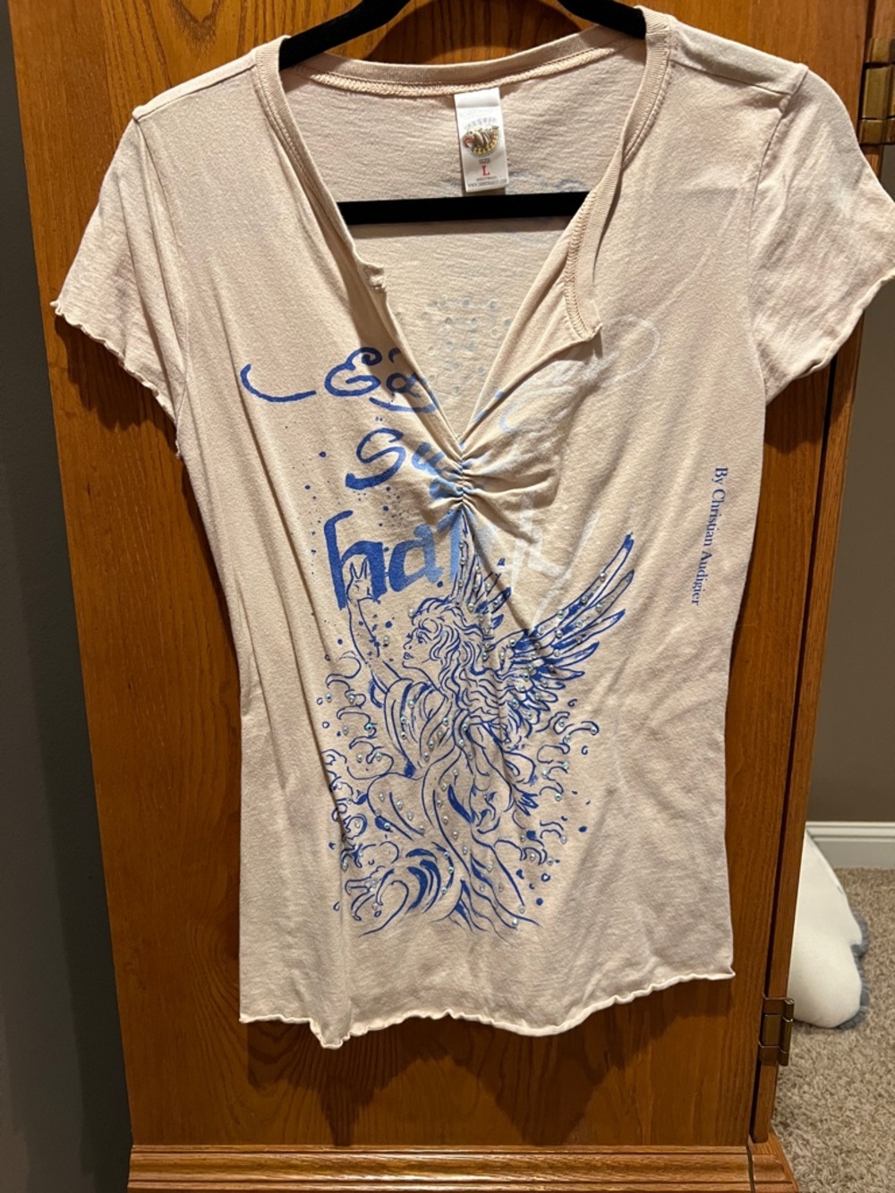 Christian Audigier Cream V-Neck Tee with Blue Angel Graphic